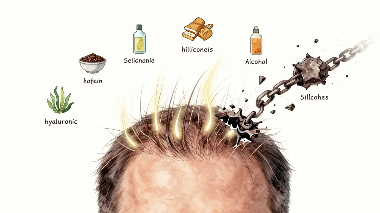 Koncepční ilustrace skalpu s jemnými vlasy a výtažky z řas, kofeinu a hyaluronové kyseliny, zatímco těžké silikóny odstraňují.