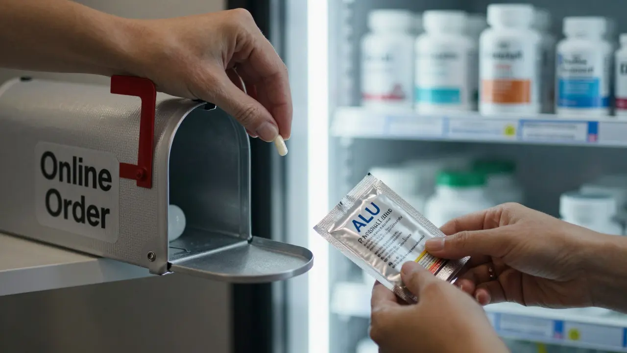 Kontrast mezi levným probiotikem doručeným online a kvalitním probiotikem v lékárně s chlazením.