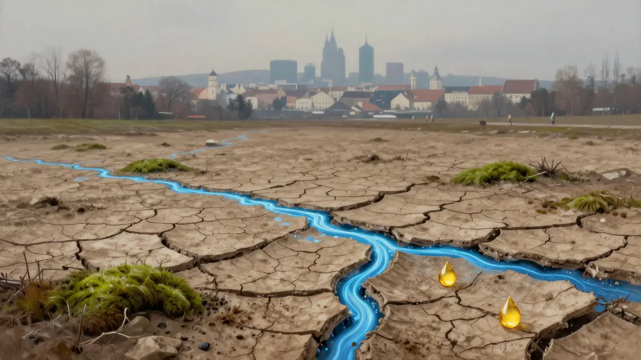Krajinová představa suché pleti jako prasklé země, kterou obnovují kyselina hyaluronová, ceramidy a glycerin s vzdáleným městem v pozadí.
