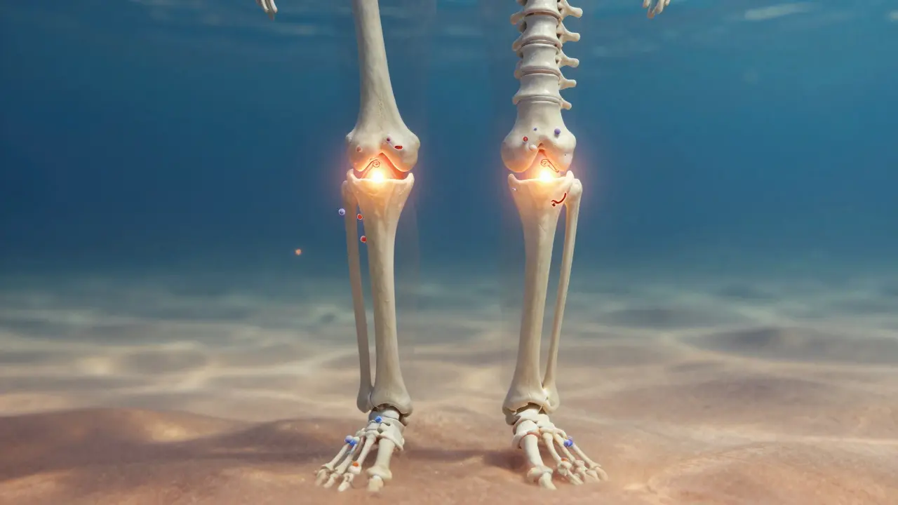 Lidské tělo spojené s rybí kostí, kolena jako centra regenerace.