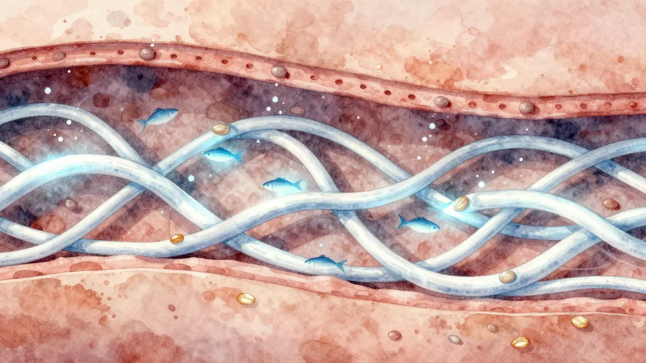 Mikroskopický pohled na kolagenové vlákna v kůži s rybími symboly obnovujícími strukturu.
