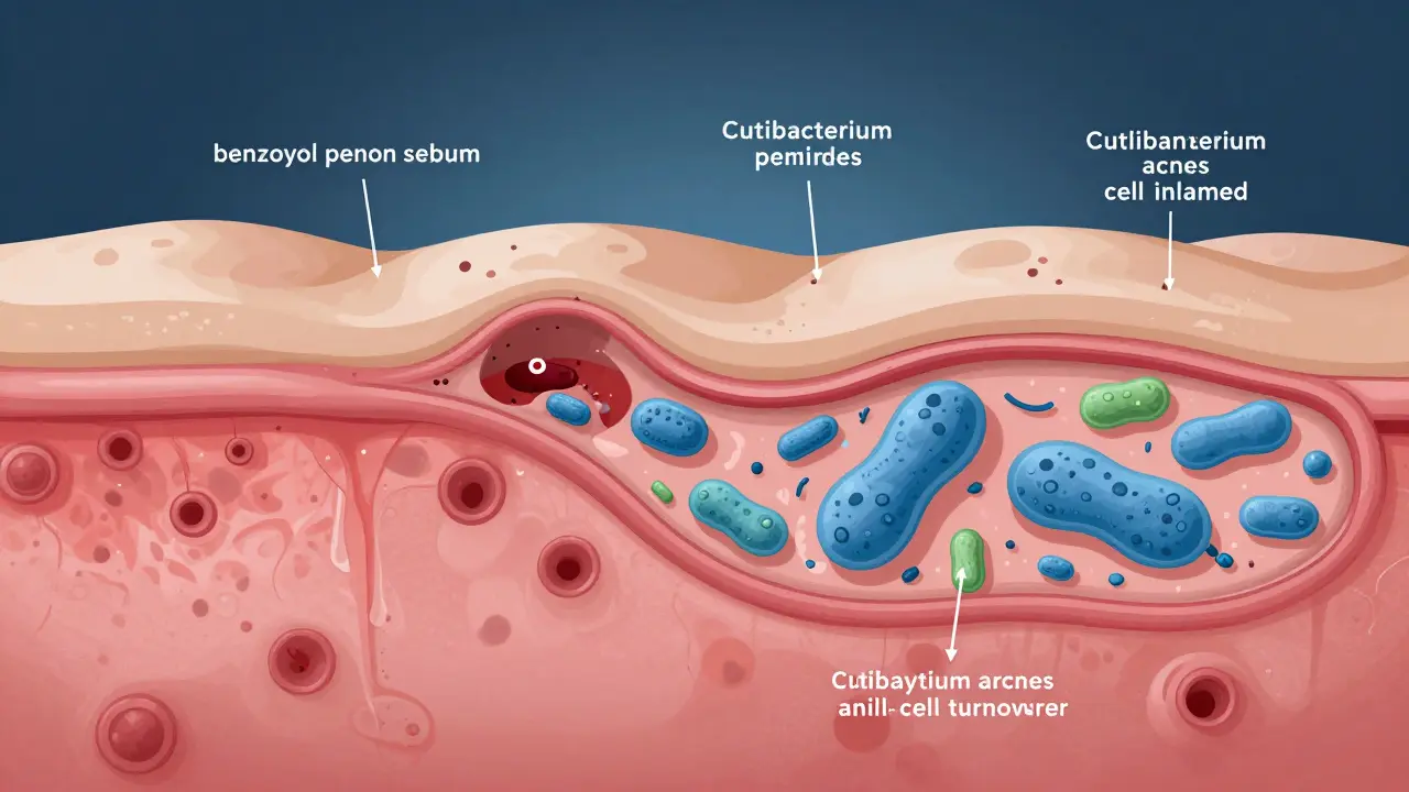 Mikroskopický pohled na ucpaný pór, bakterie a zánět kůže s ukázkou účinku benzoylperoxidu a retinoidů.