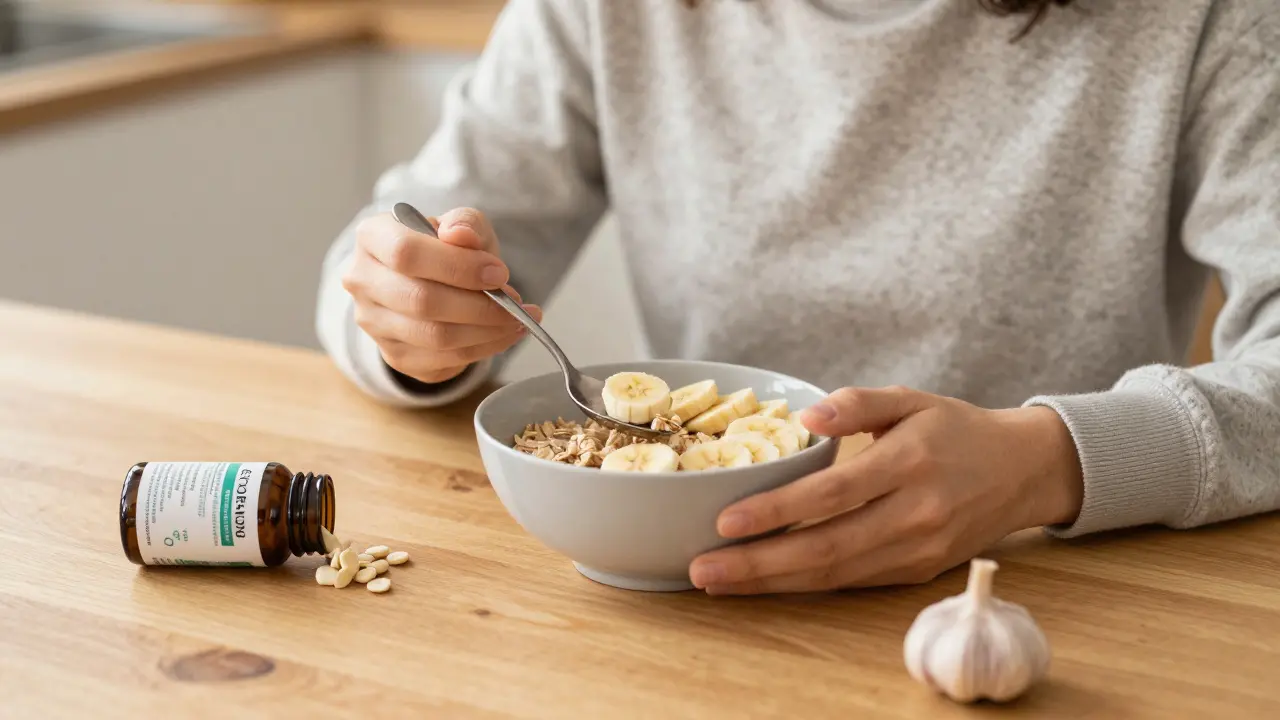 Osoba konzumuje prebiotické potraviny spolu s probiotikem v klasickém domácím prostředí.