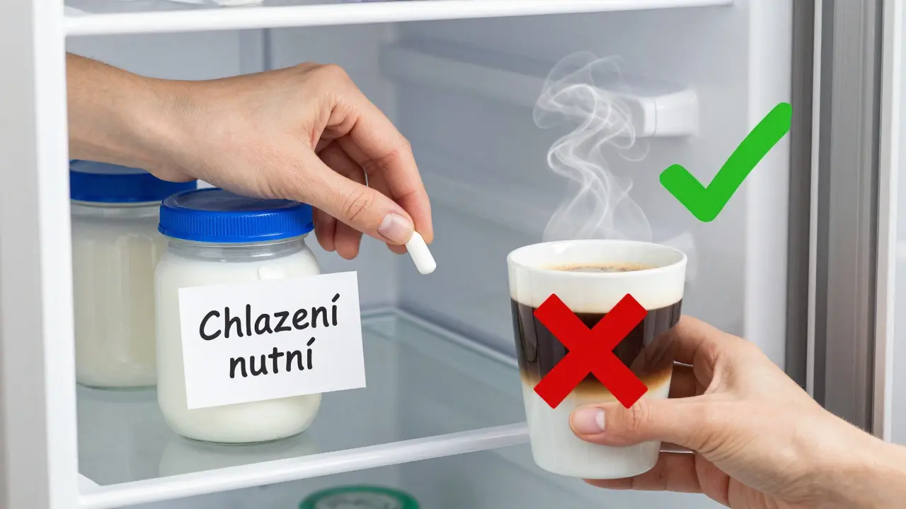 Probiotikum uchovávané v lednici vedle horké kávy, s označením, že chlazení je nutné.