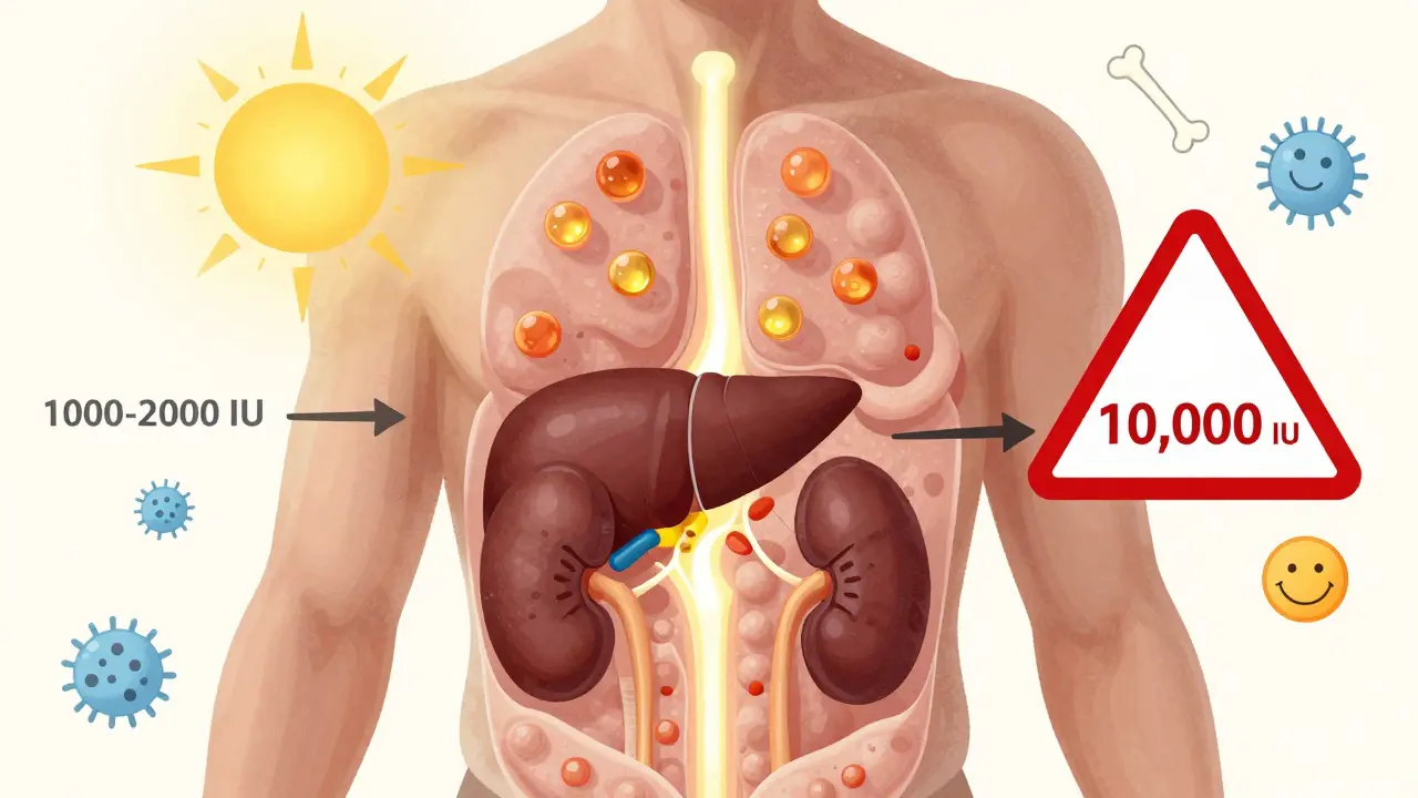 Průhledný lidský tělo s vitamínem D3 ukládaným v tukové tkáni, bezpečné dávky vyznačeny zeleně, příliš vysoké červeně.