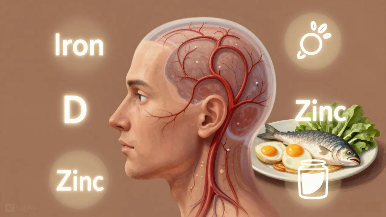 Průřez hlavy ukazující krevní cévy živící vlasové kořínky s výživovými prvky.