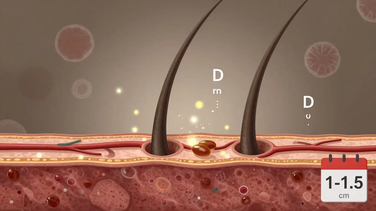 Řez lidským vlasovým folikulem s přívodem živin a znázorněním měsíčního růstu.
