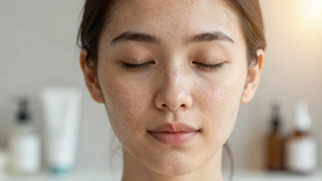 Rozdělená tvář: jedna strana šedivá a zatvářená, druhá zářící a čistá po použití scrubu.