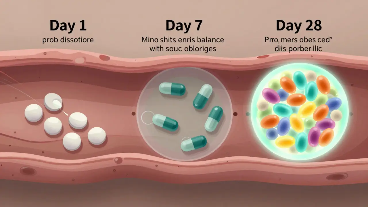 Tři fáze účinku probiotik: den 1, den 7 a den 28 ve střevním traktu.