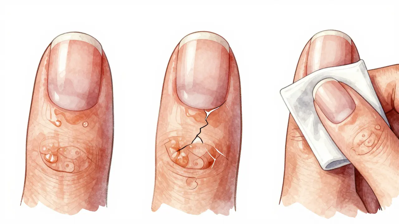 Tři nehty v různých stavech: mastný, poškozený a čistý s dobrým přilnavostí laku.