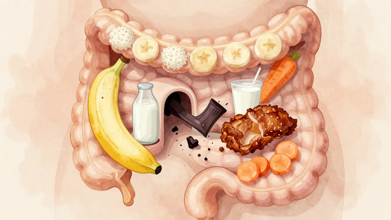 Uprostřed trávicího traktu proudí zdravé potraviny, zatímco škodlivé jsou blokovány, symbolizující obnovu střev.