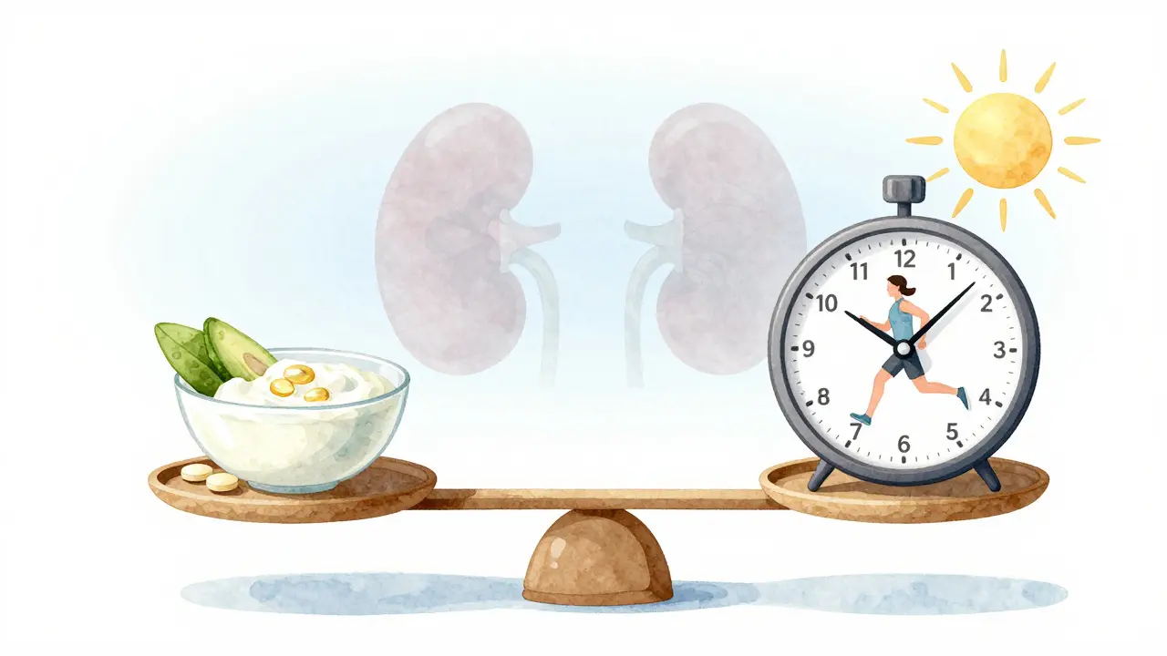 Váha s denní dávkou vitamínu D3 a K2 na jedné straně a časem 5 let na druhé, symbolizující bezpečné dlouhodobé užívání.