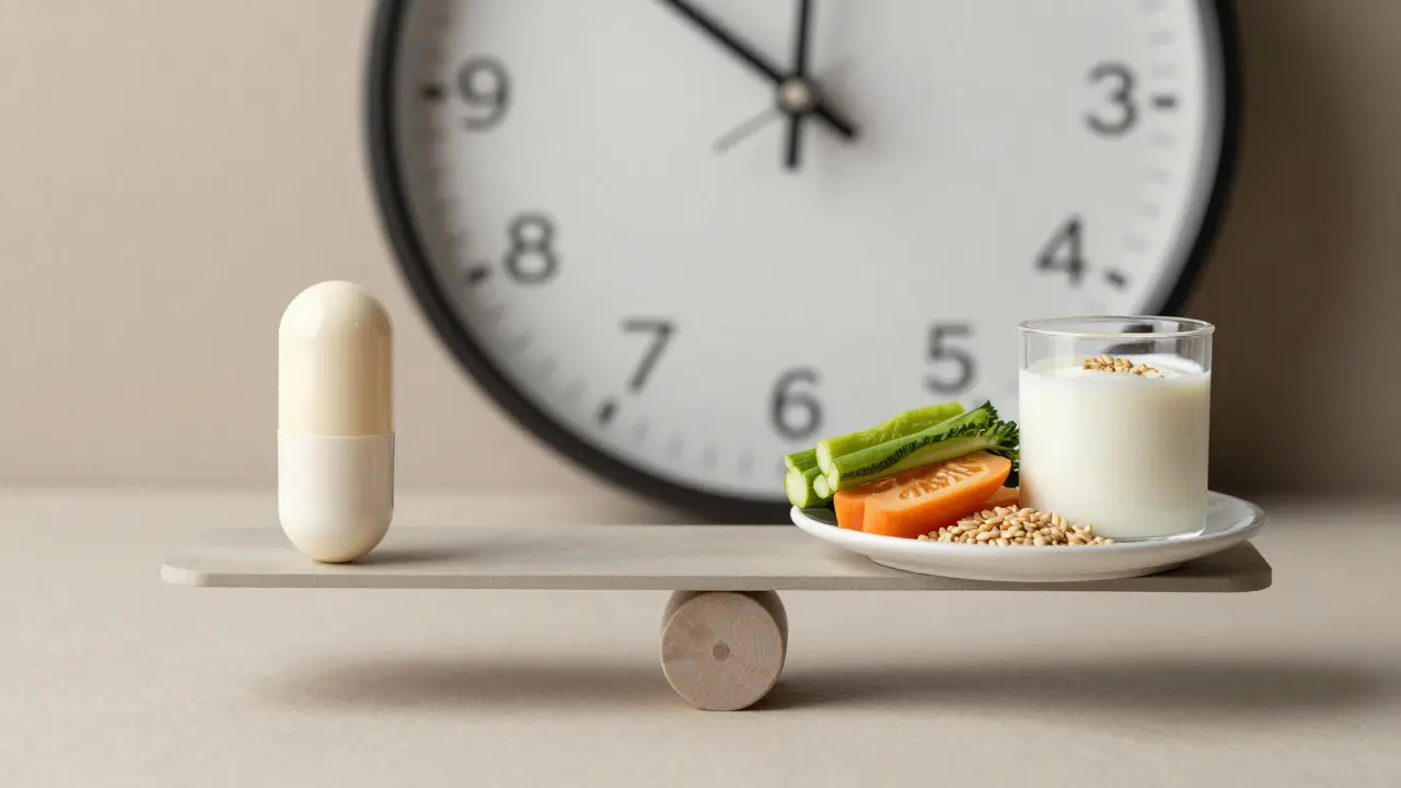 Váha s probiotikem a kvašenými potravinami, symbolizující dlouhodobou rovnováhu.