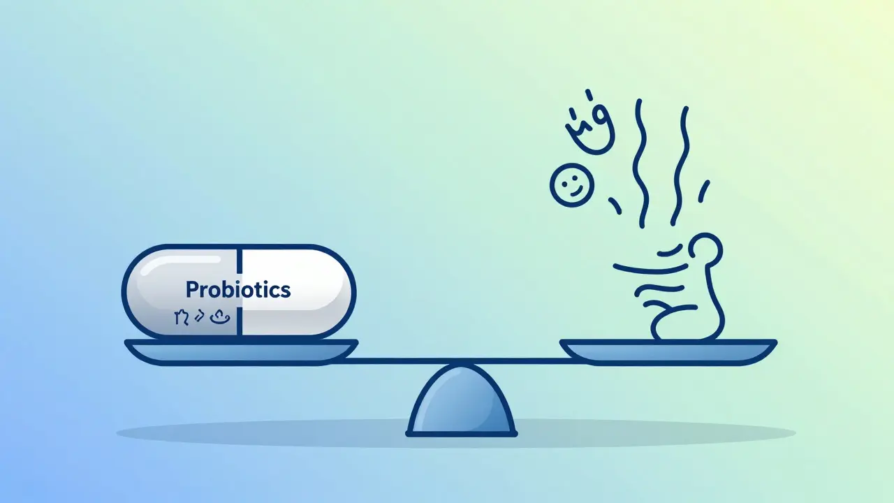 Váha s probiotiky na jedné straně a příznaky nezdravého trávení na druhé.