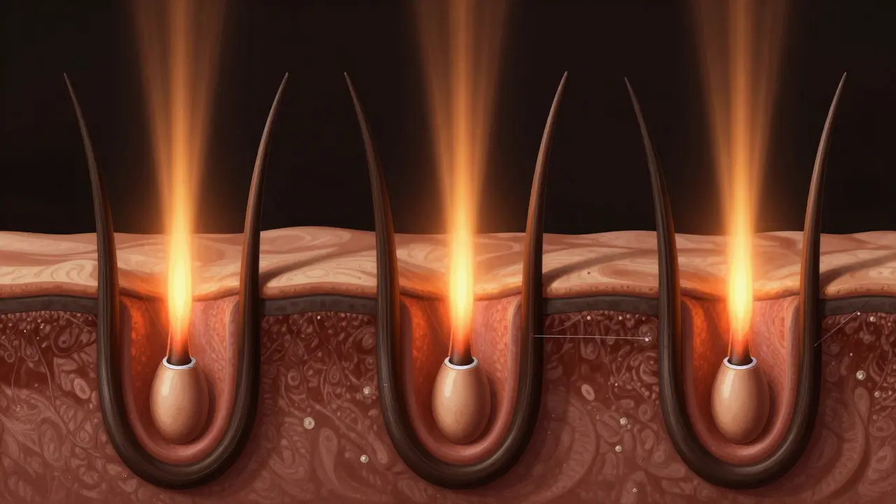 Vizualizace tří fází růstu vlasů s IPL světlem, které cílí pouze na aktivní folikuly.
