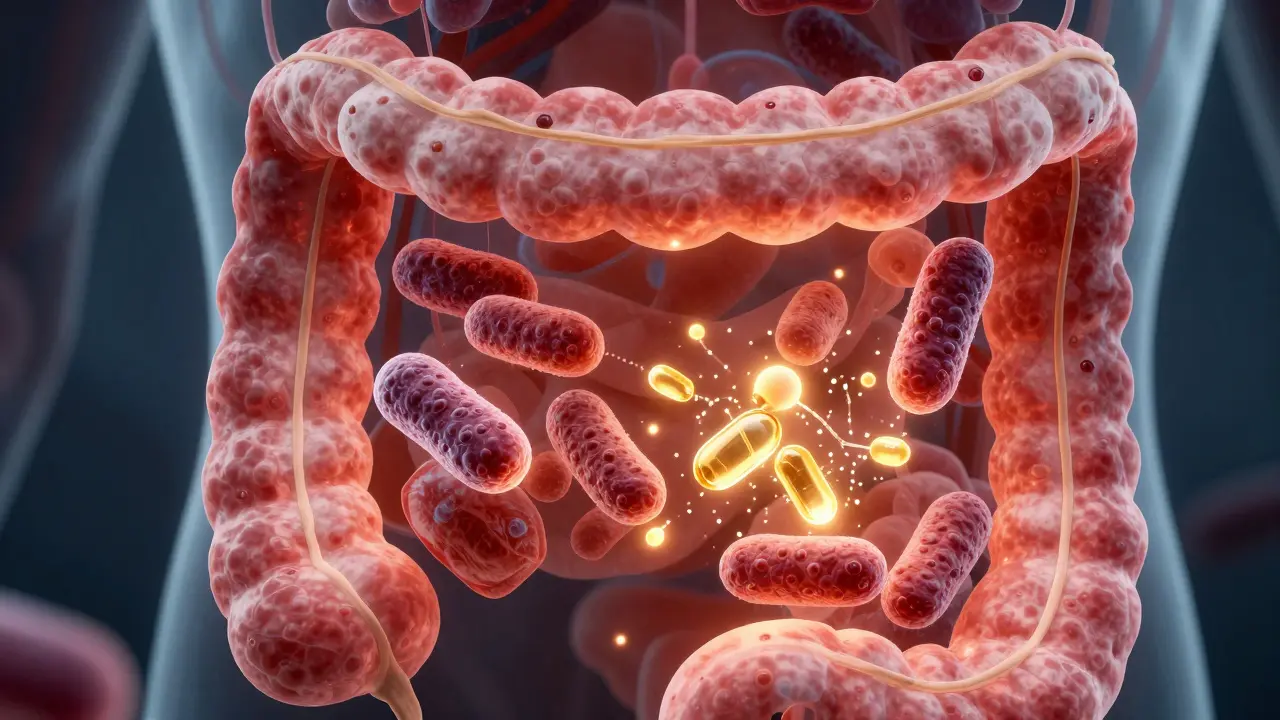 Vnitřek střev s probiotickými bakteriemi přeměňujícími vitamín D na aktivní formu.