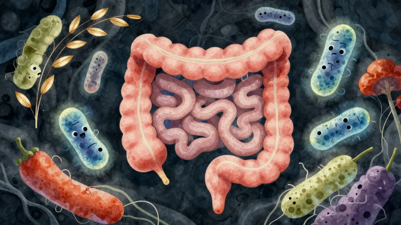 Vnitřek střeva s přátelskými bakteriemi a vlákninou v harmonickém prostředí.