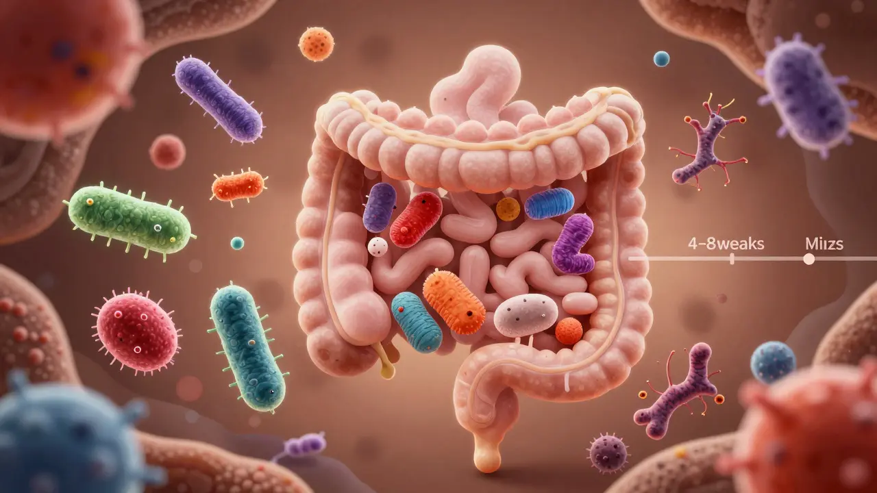Vnitřní zobrazení střev s prospěšnými bakteriemi osazujícími střevní výběžky a vytvářejícími rovnováhu.