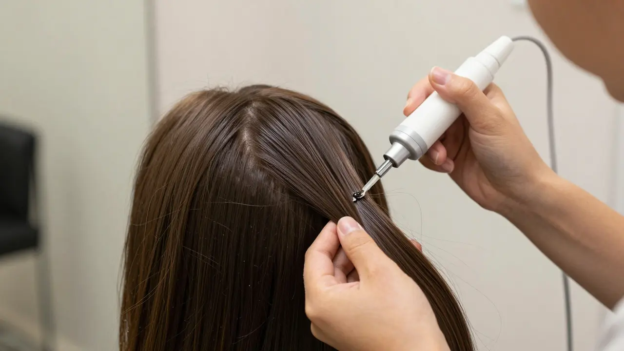 Žena na kosmetické klinice dostává léčbu fillery na vlasy pomocí přesného aplikátoru.