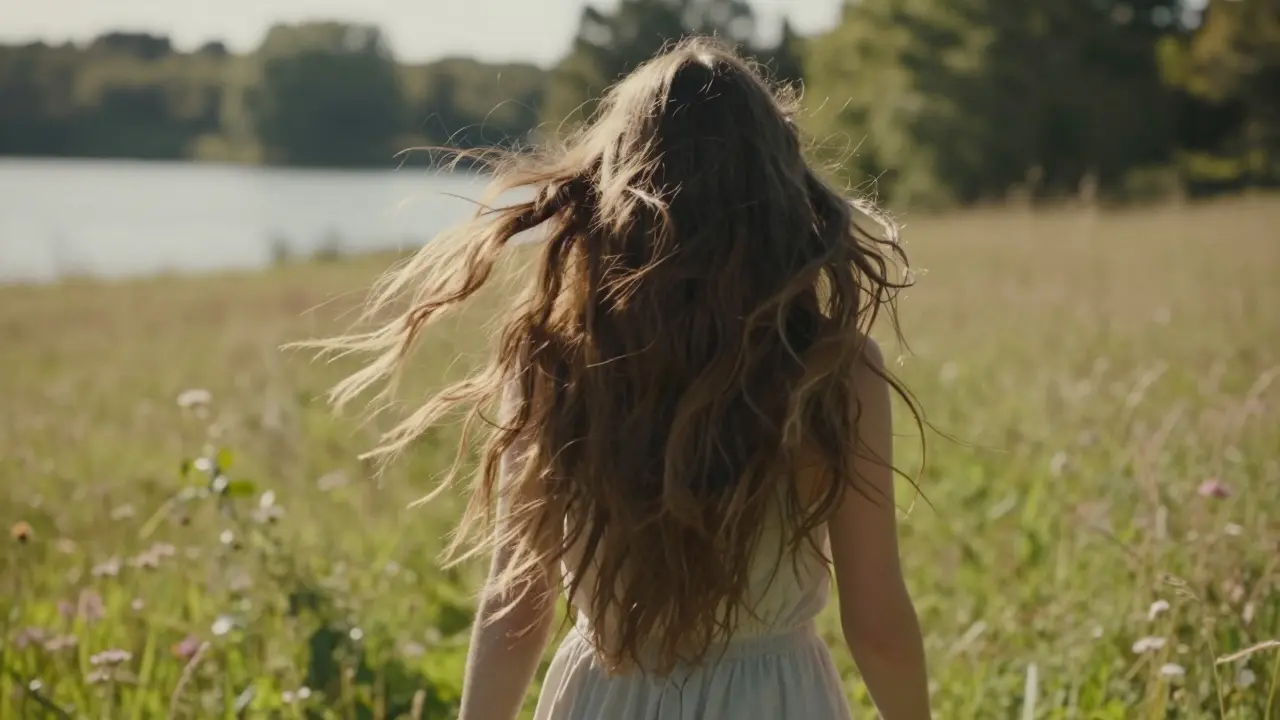 Žena s dlouhými vlasy prochází letní loukou, za ní se vynořuje zimní scéna.