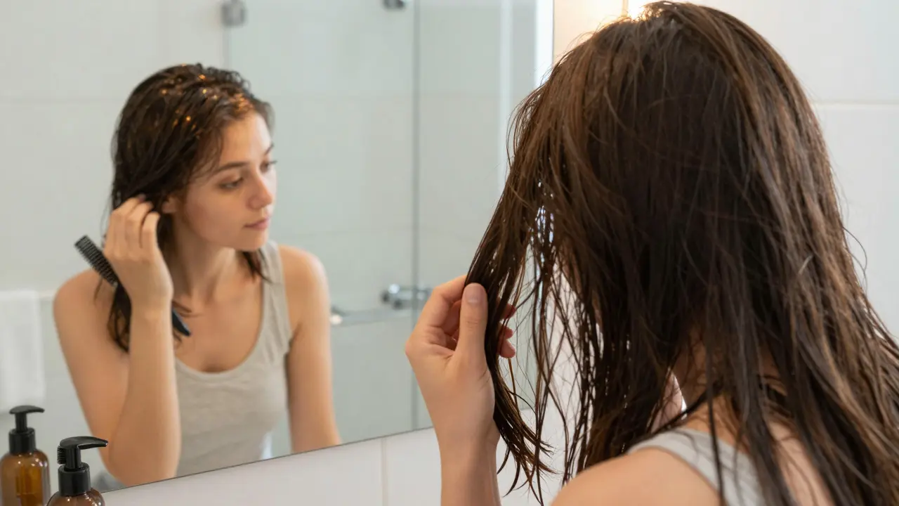 Žena s jemnými vlasy, které se přilepily ke kůži hlavy, s lehkým kondicionérem a česací kartáčem na stole.