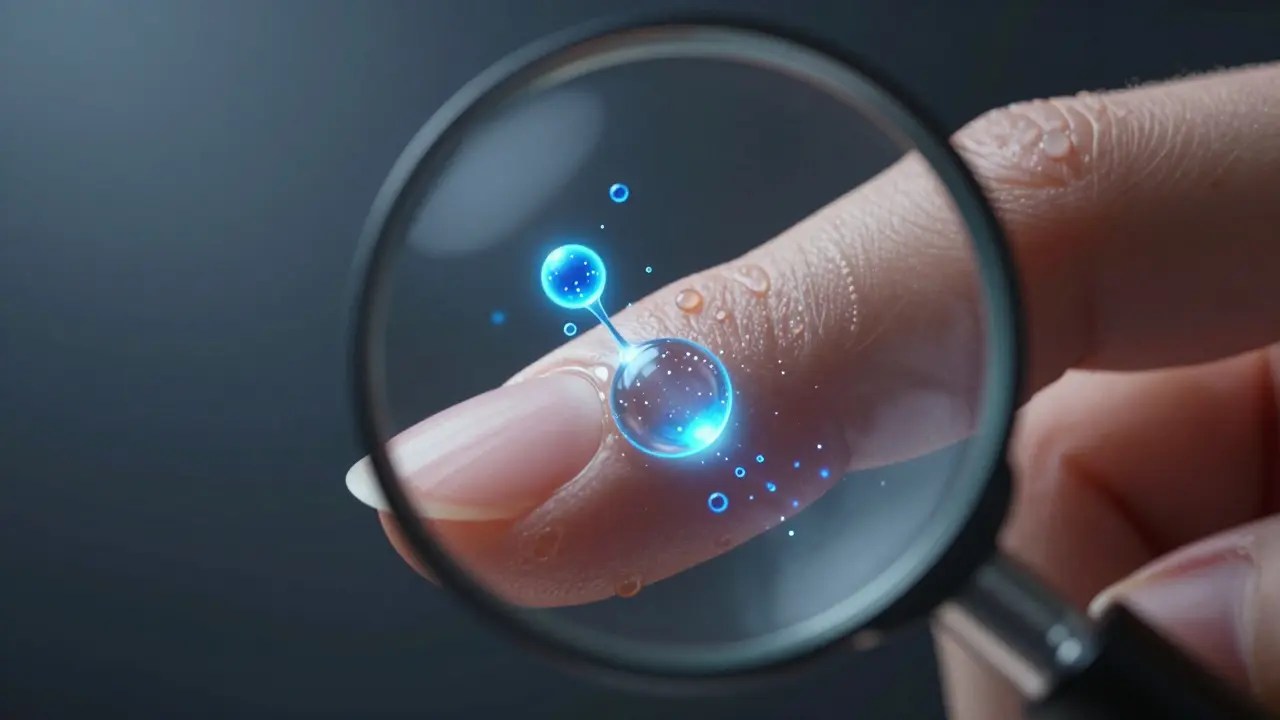 Zvětšený pohled na nehtovou desku, kde alkohol rozpouští mikroskopické tukové částice.