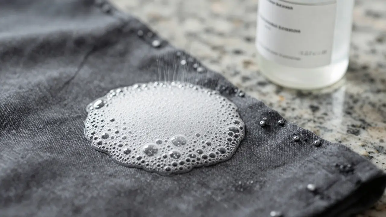 Bublavá reakce peroxidu na tmavé skvrně u látka.