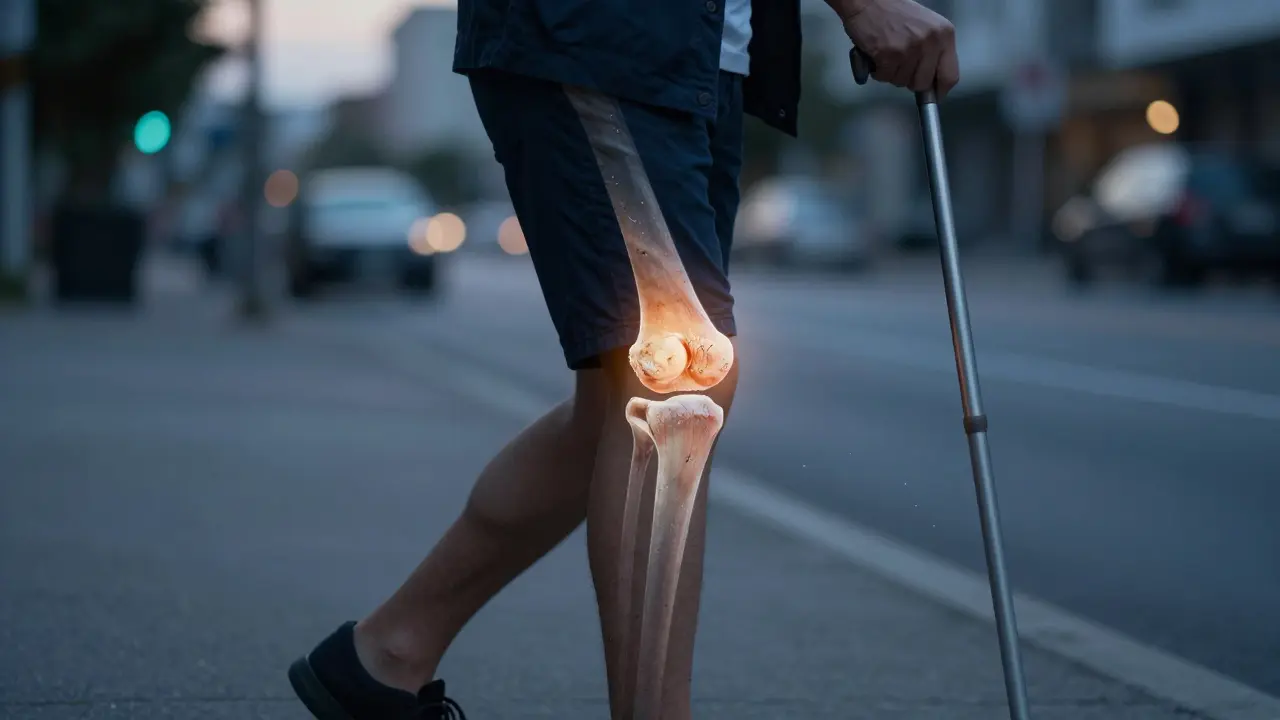 Člověk chodí s tyčí, vnitřní poškození kloubu je viditelné jako průhledná vrstva.