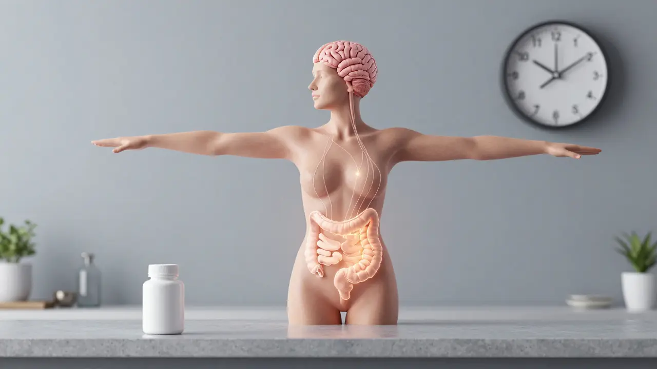 Člověk s osvětleným střevem propojeným s mozkem a kůží, symbolizující vztah střeva a nálady.
