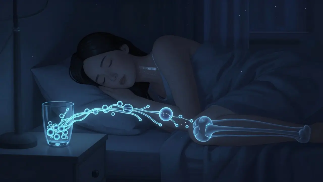 Člověk spí v noci, kolagenové molekuly proudí do kloubů ve snu.