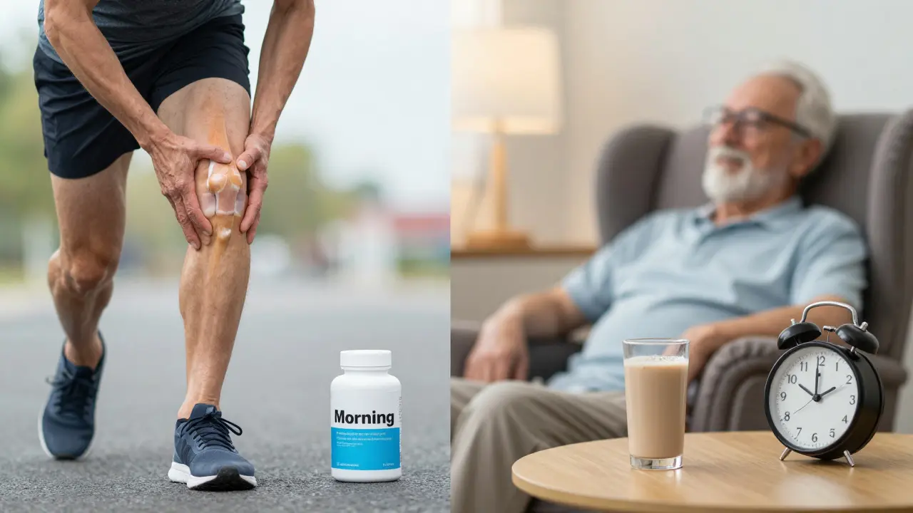 Dvě scény: sportovec ráno a starší osoba večer s kolagenem.