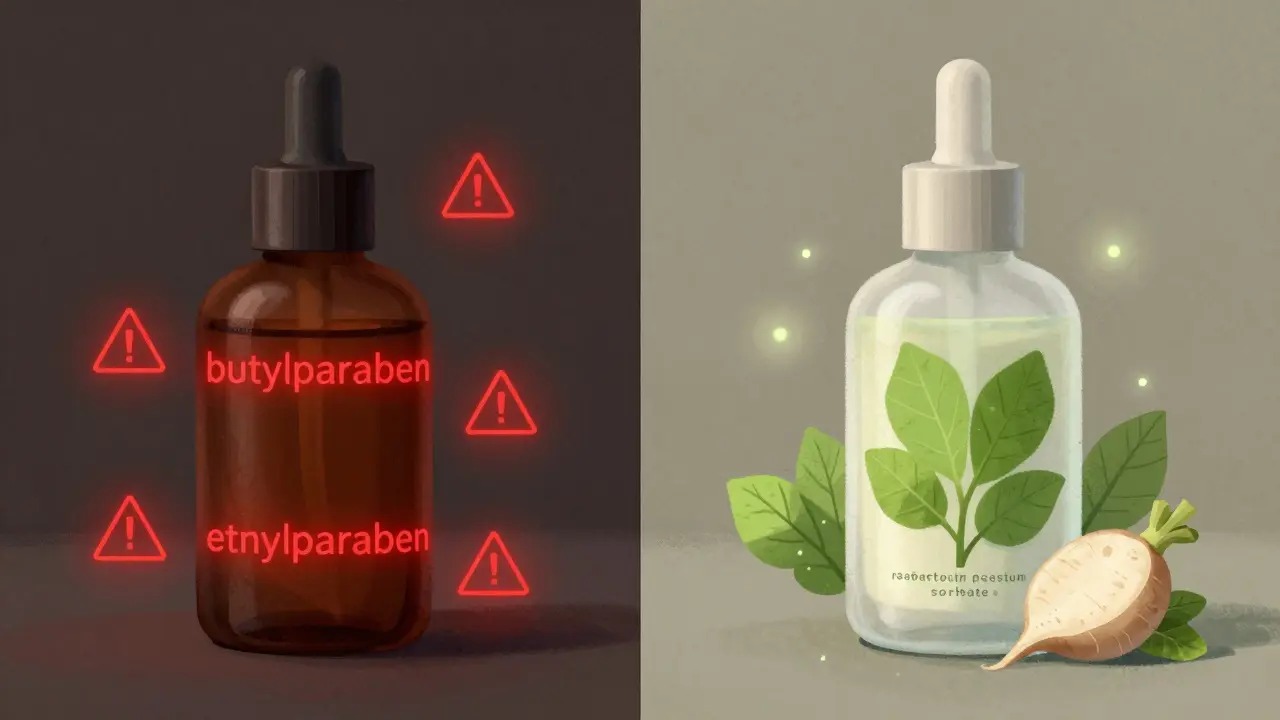 Dvě strany kosmetického produktu: jedna s chemickými konzervanty, druhá s přírodními alternativami.