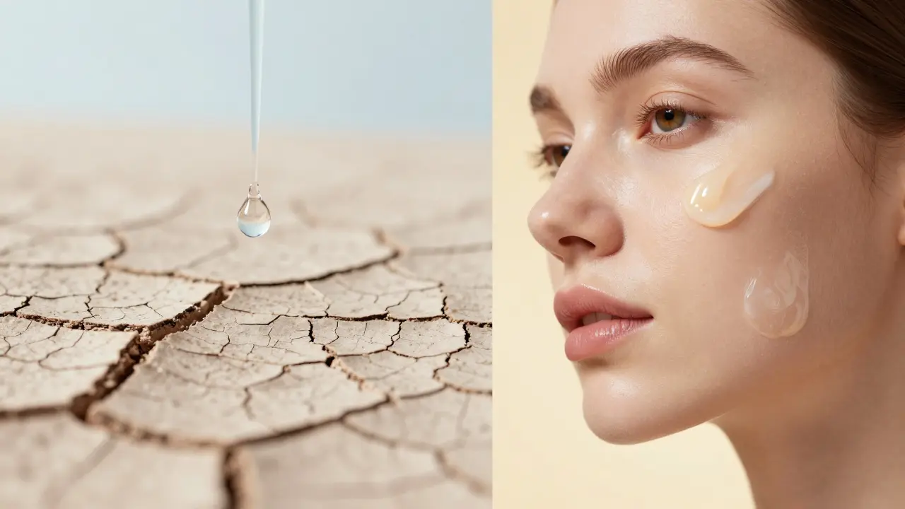 Dvě verze pleti: jedna suchá a bez ochrany, druhá zářící s hlubokým vstřebáním séra a uzavřením krémem.