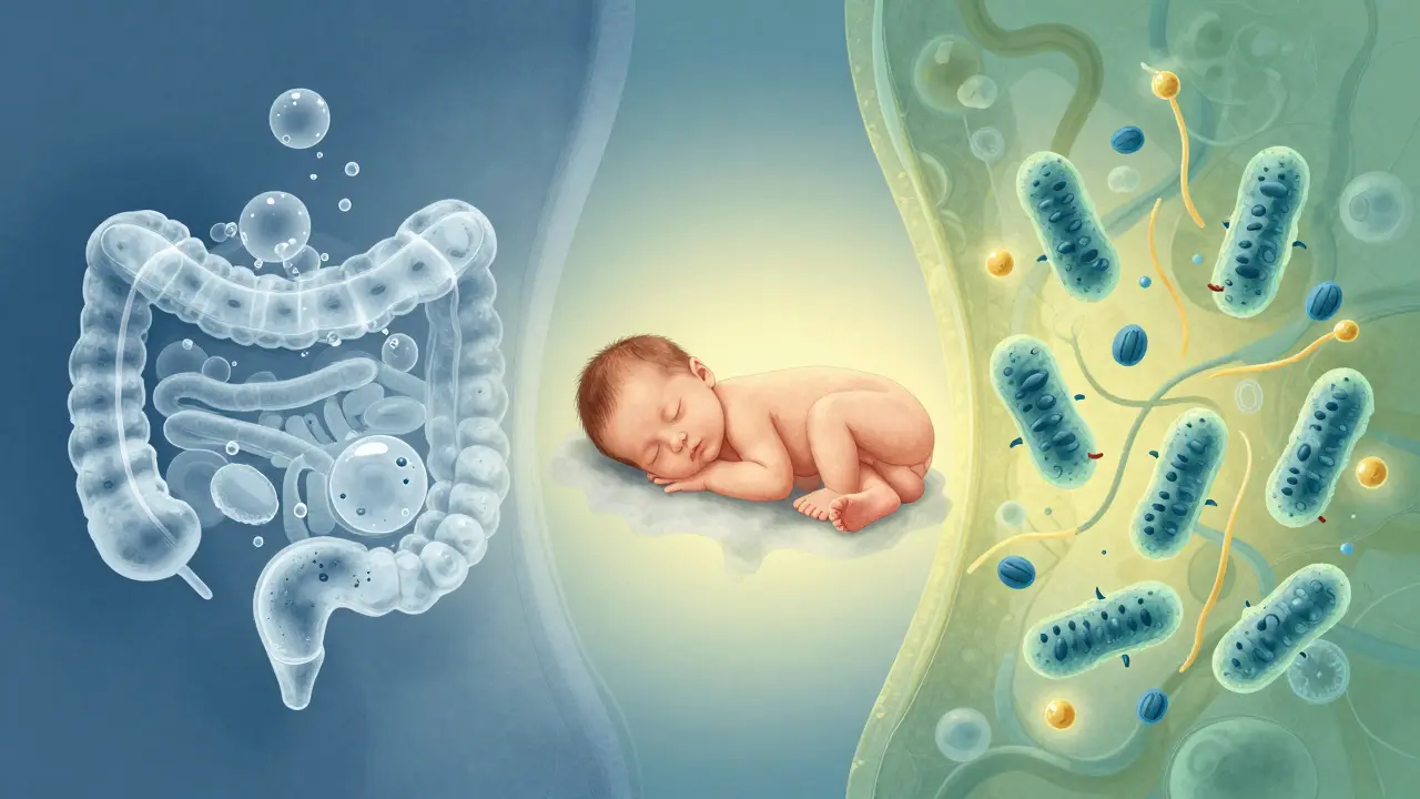 Ilustrace mechanického účinku Espumisanu a probiotik na střevní mikroflóru novorozence.