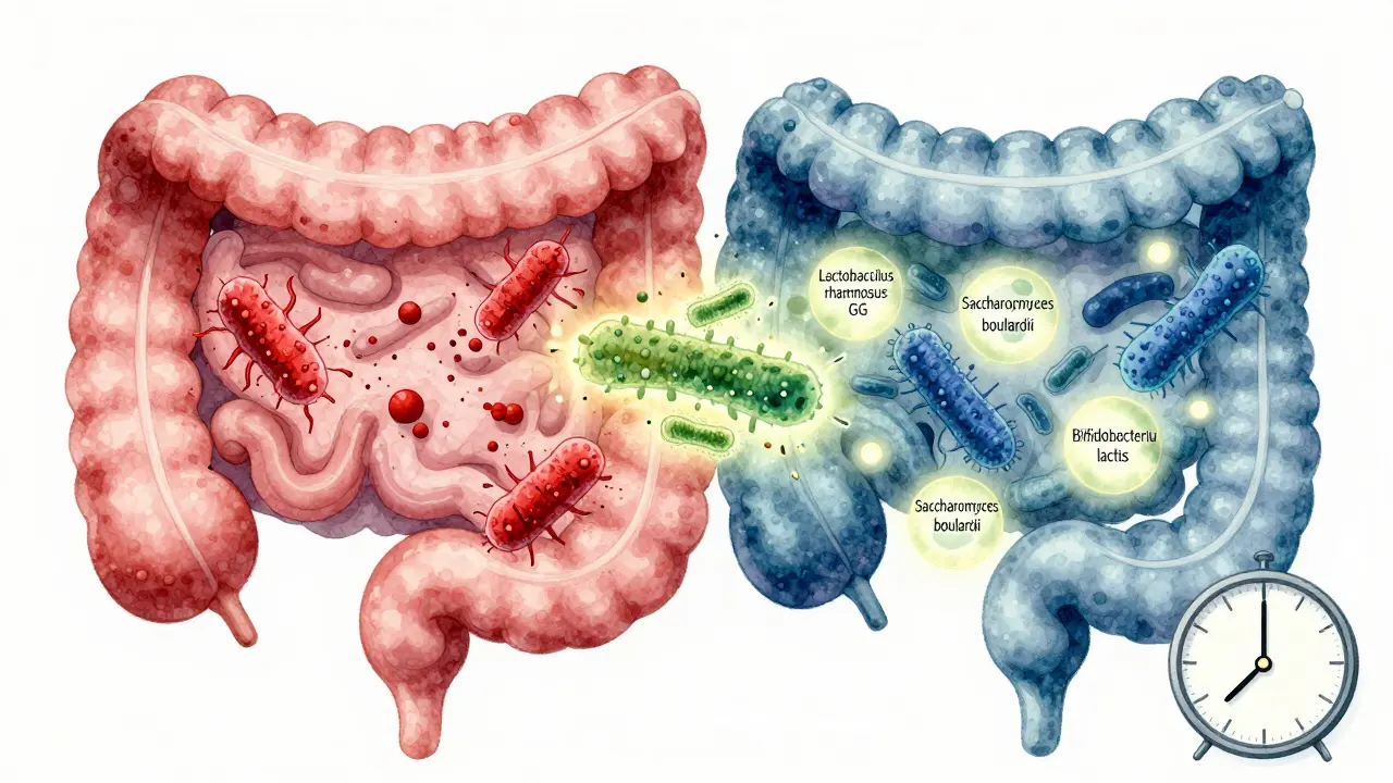 Ilustrace střeva s antibiotiky ničícími bakterie a probiotiky obnovujícími mikroflóru, s časovým rozdílem dvou hodin.
