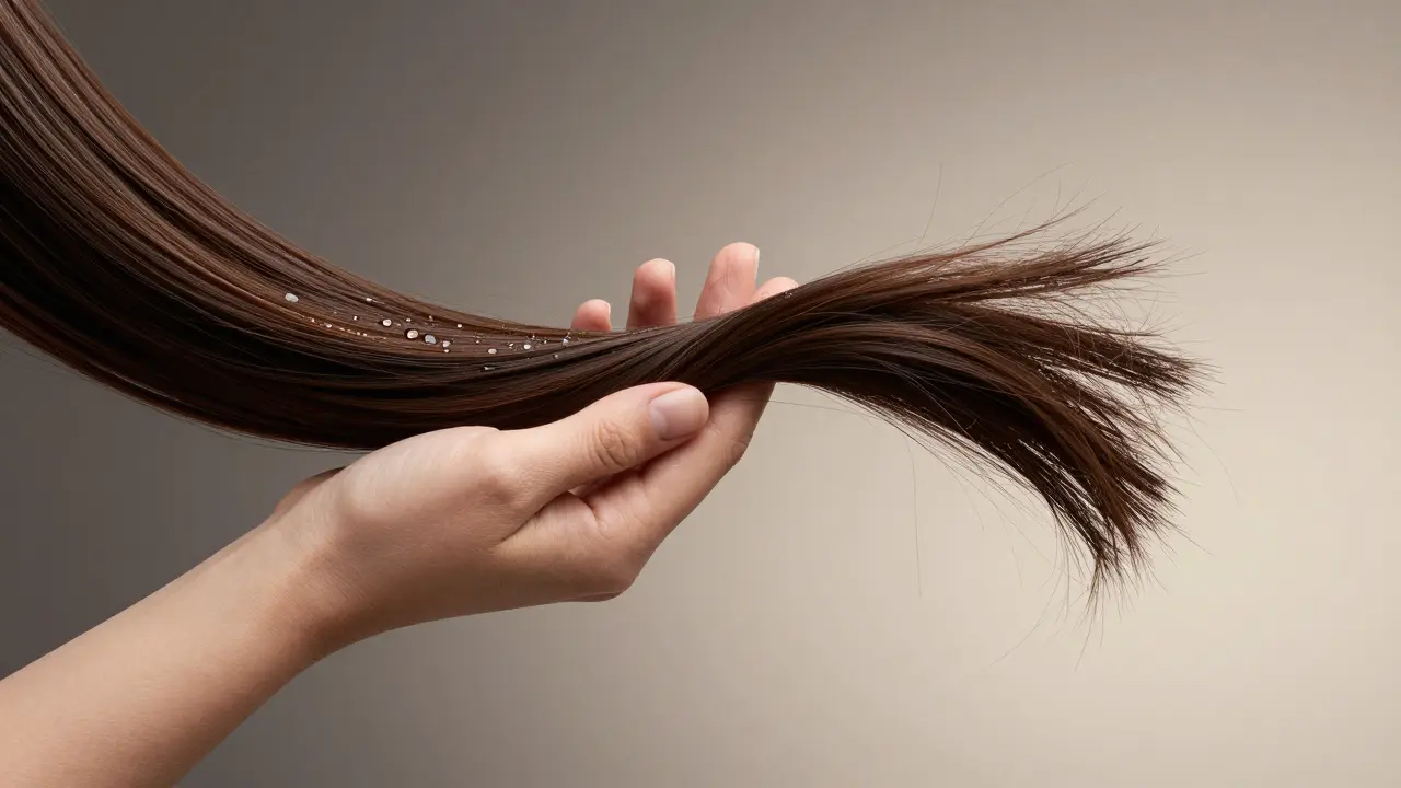 Kontrast mezi hydratovanými a dehydratovanými vlasy na jedné obrázku.