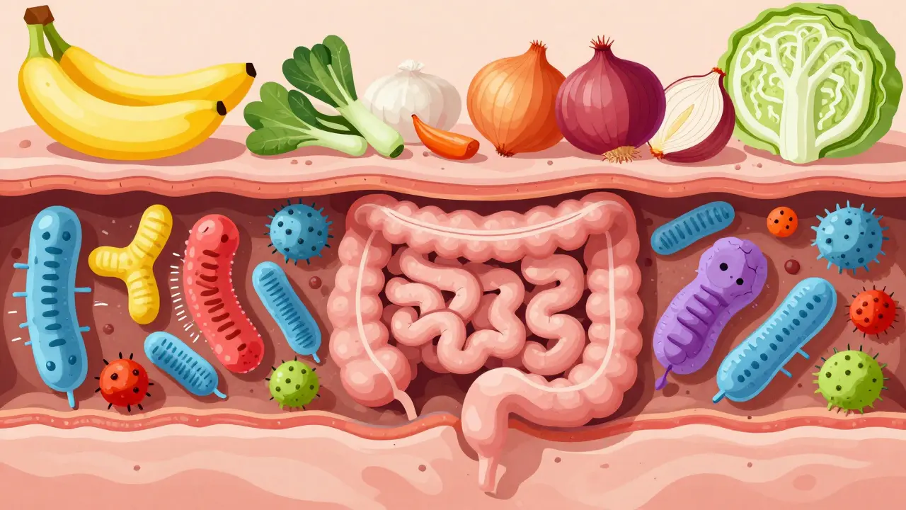 Křivka střeva s přirozenými bakteriemi a předbiotickými potravinami jako banány a kvašeným zelím.