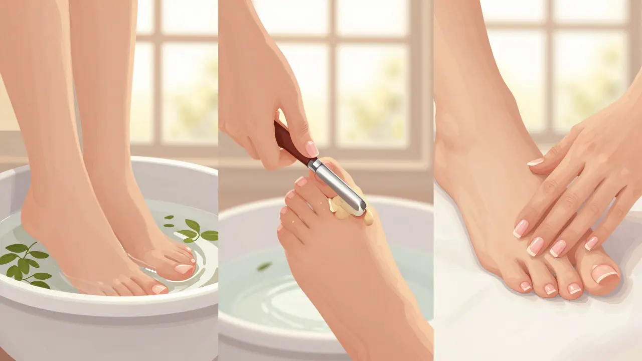 Kroky mokré pedikúry: lázeň, úprava kůže, lakování — v stylu kozmetického časopisu.