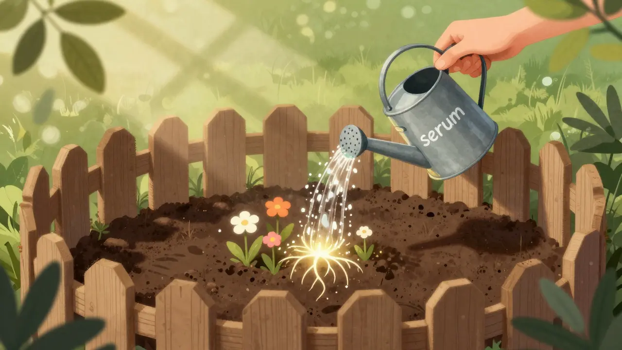 Kůže jako zahrada: plot chrání půdu, zatímco sérum zásobuje půdu živinami pro růst.