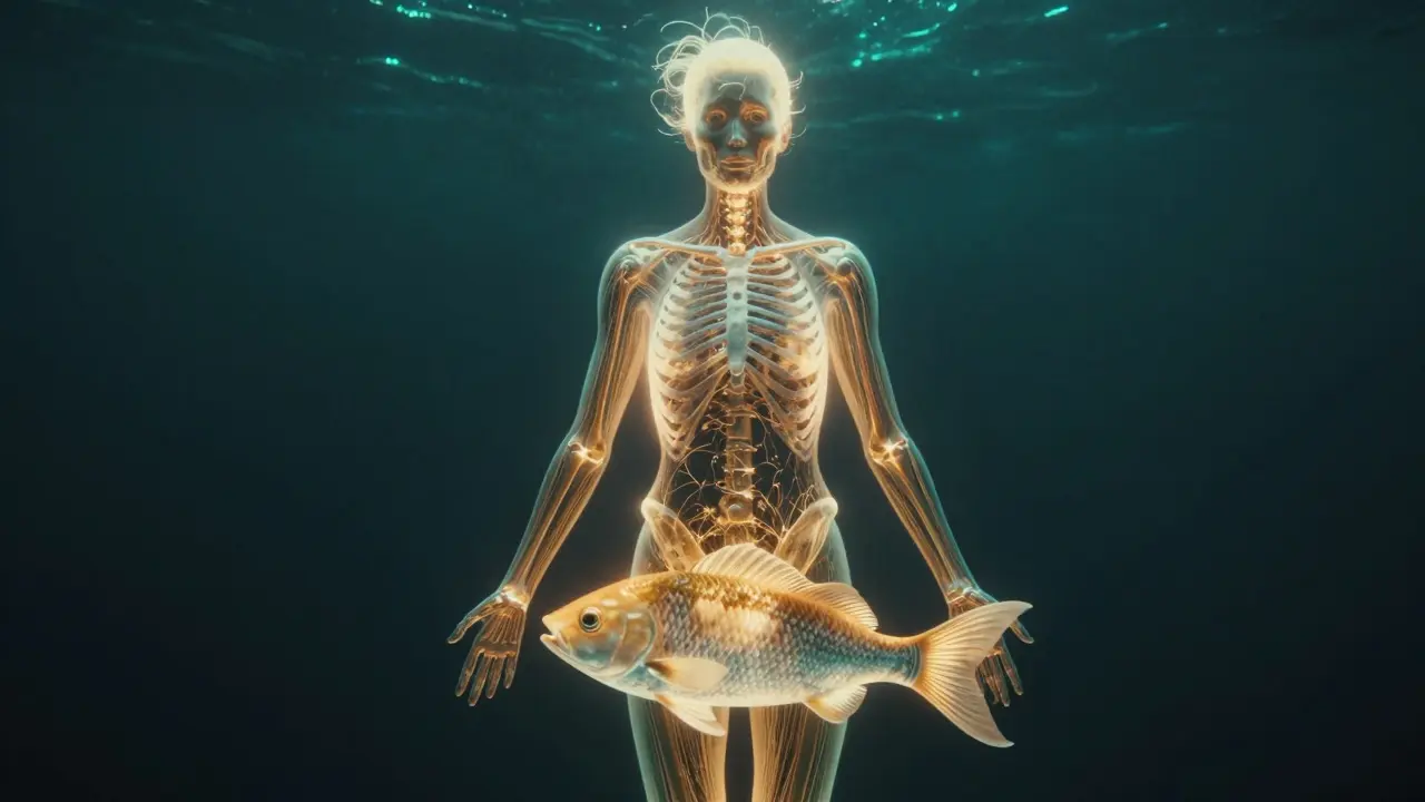 Lidský silueta s leskem na kůži, vlasech a kloubech, připomínající původ mořského kolagenu.