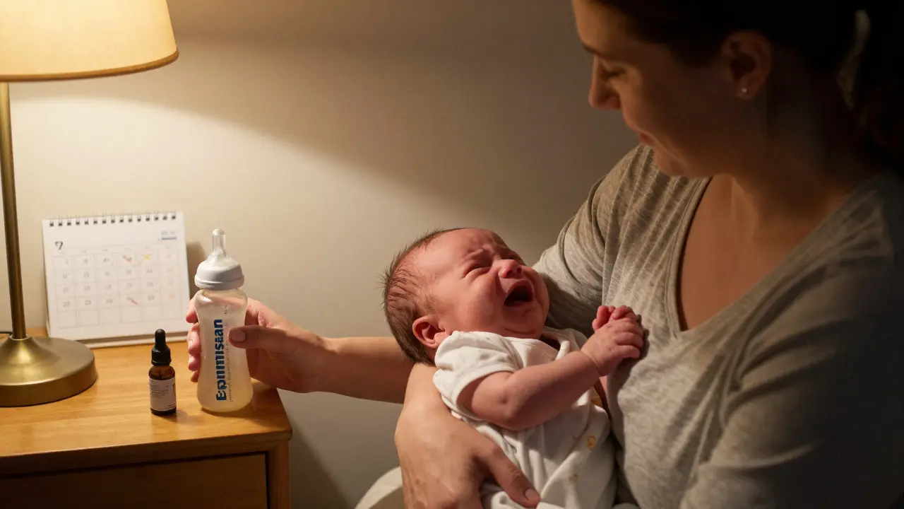 Matka rockuje pláčícího novorozence, na nočním stole jsou Espumisan a probiotikum.