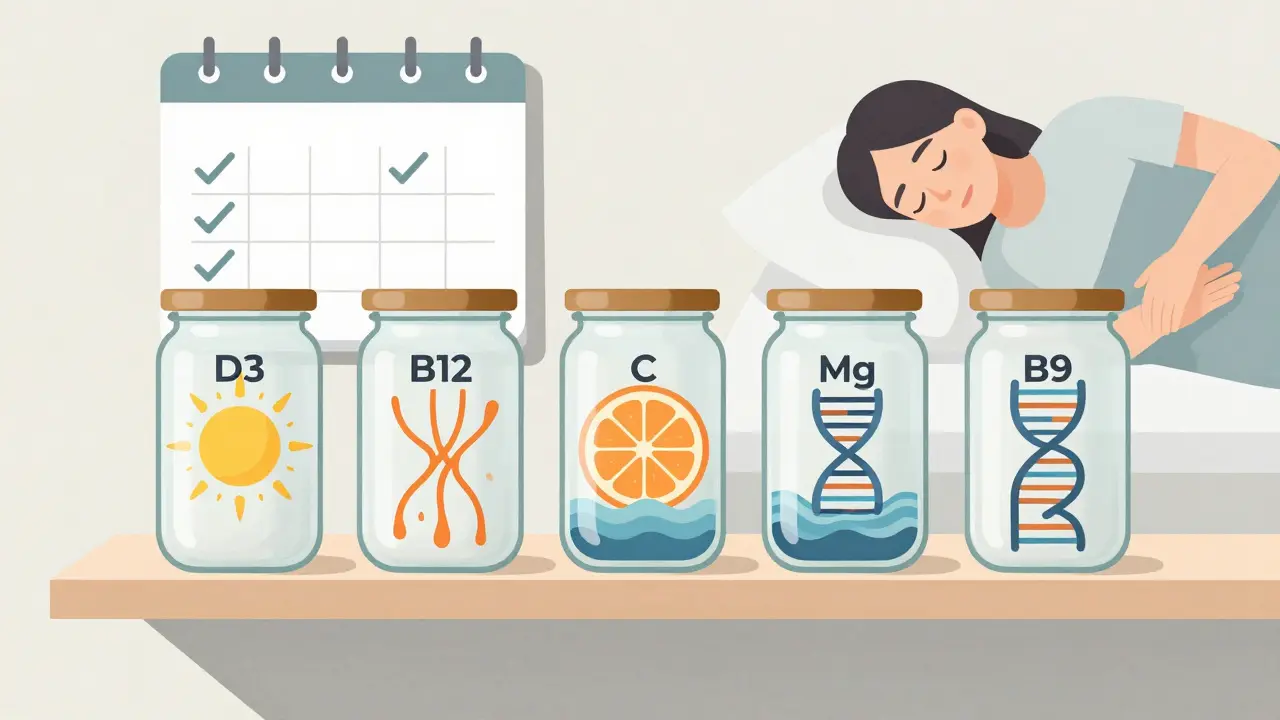 Minimální police s pěti skleněnými nádobami obsahujícími symbolické obsahy vitamínů a minerálů, vedle kalendáře s kontrolními značkami.