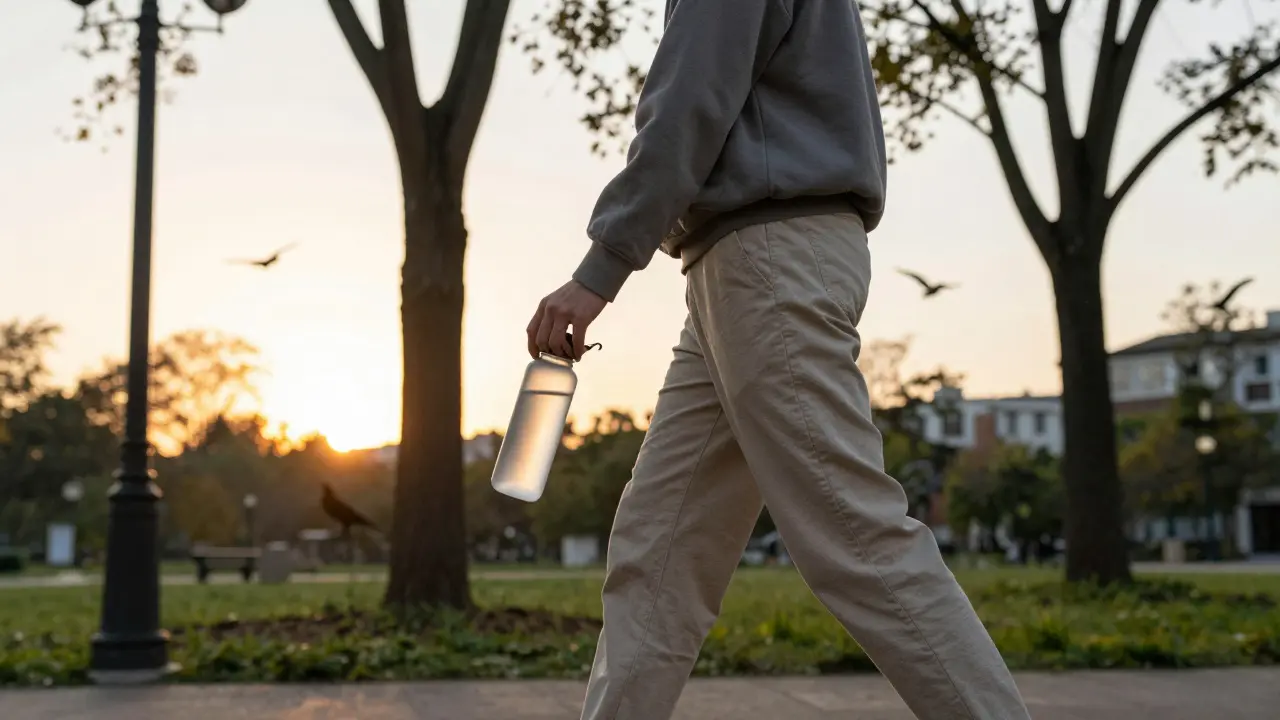 Osoba se prochází v parku ve večerním světle, drží láhev s vodou, kolem ní stromy a ptáci.