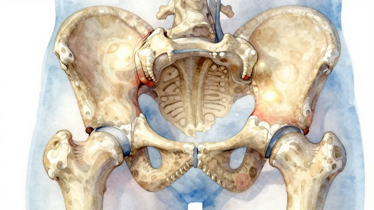 Průřez kyčelního kloubu s poškozenou chrupavkou a kostními výrůstky.