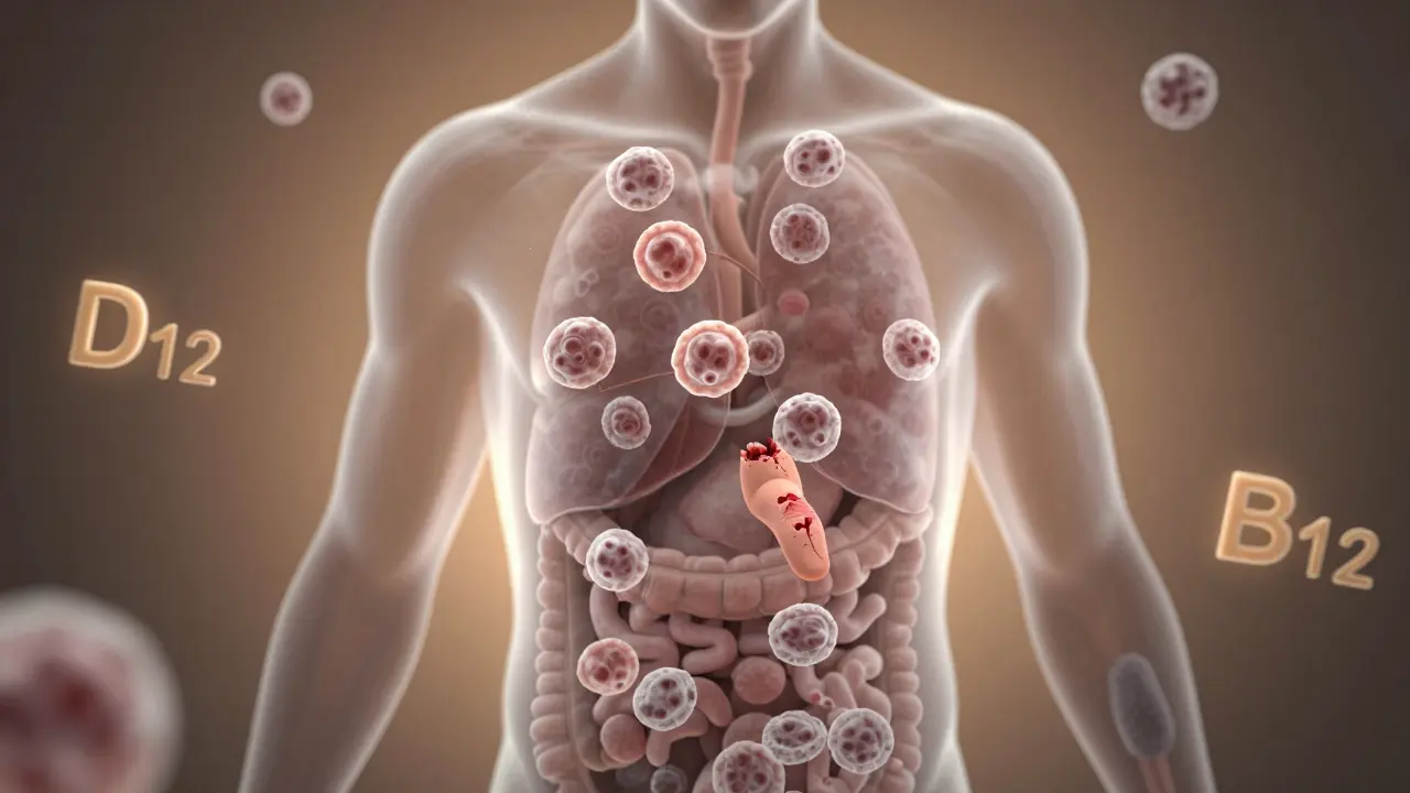 Průřez lidským tělem ukazující oslabené bílé krvinky, pomalu se hojící řez a narušenou mikrobiotu střev.