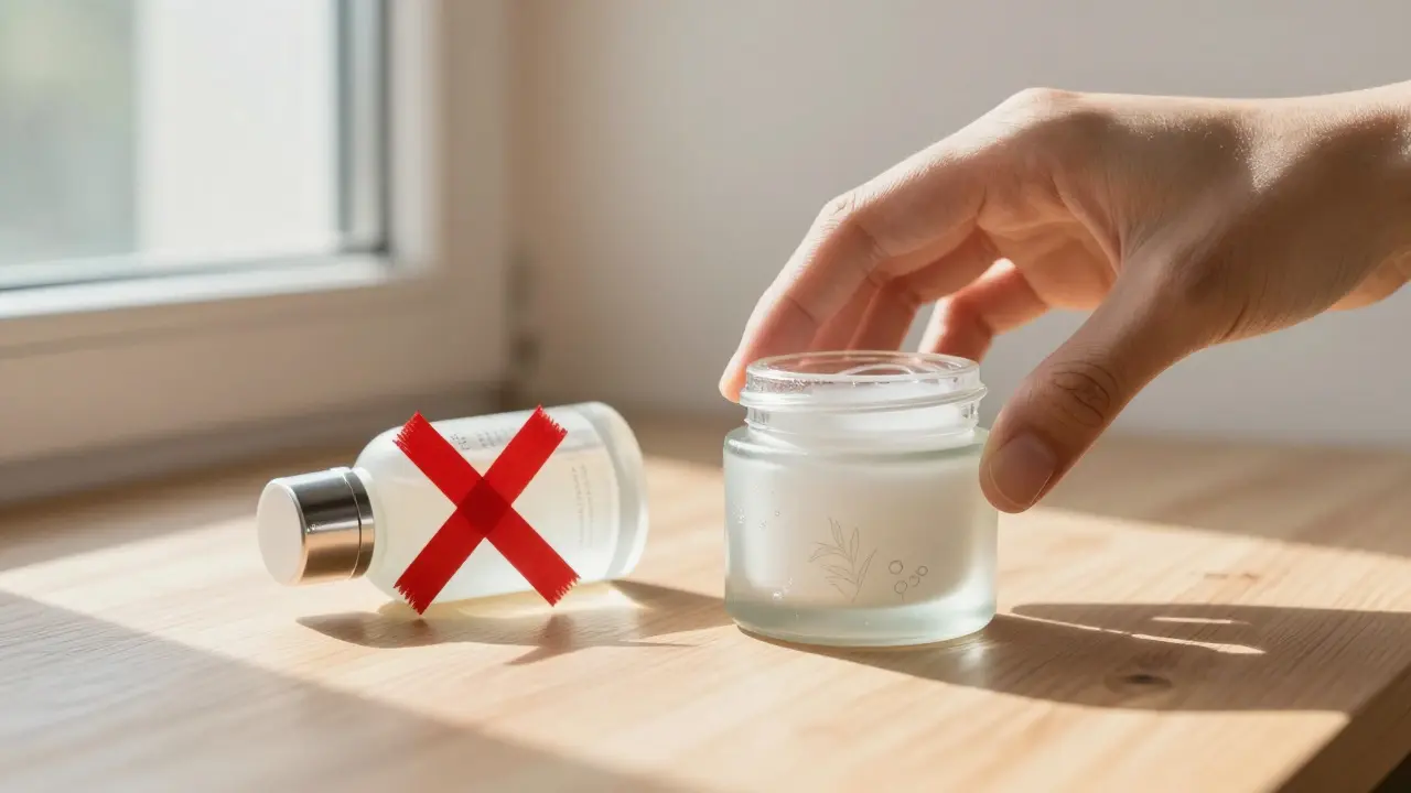 Ruka klade přírodní krém vedle vyhozeného produktu s parabeny na dřevěné desce.