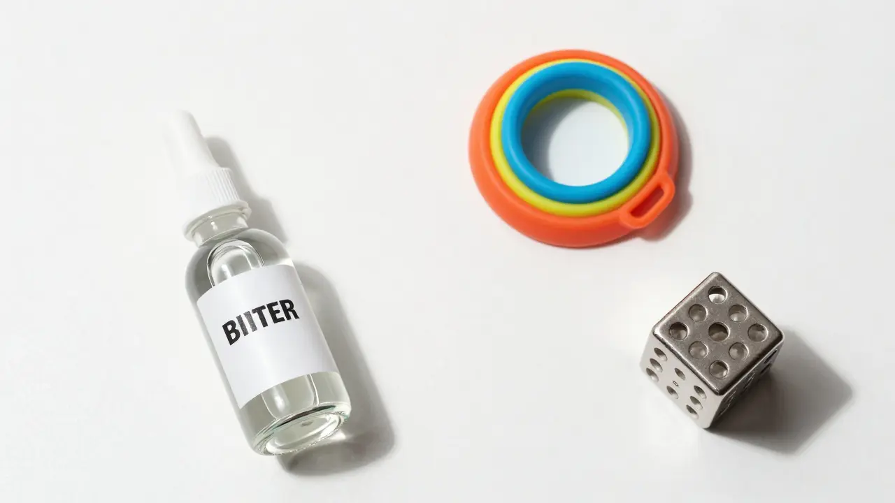 Sada pomůcek jako hořký lak a hračky proti stresu na stole.