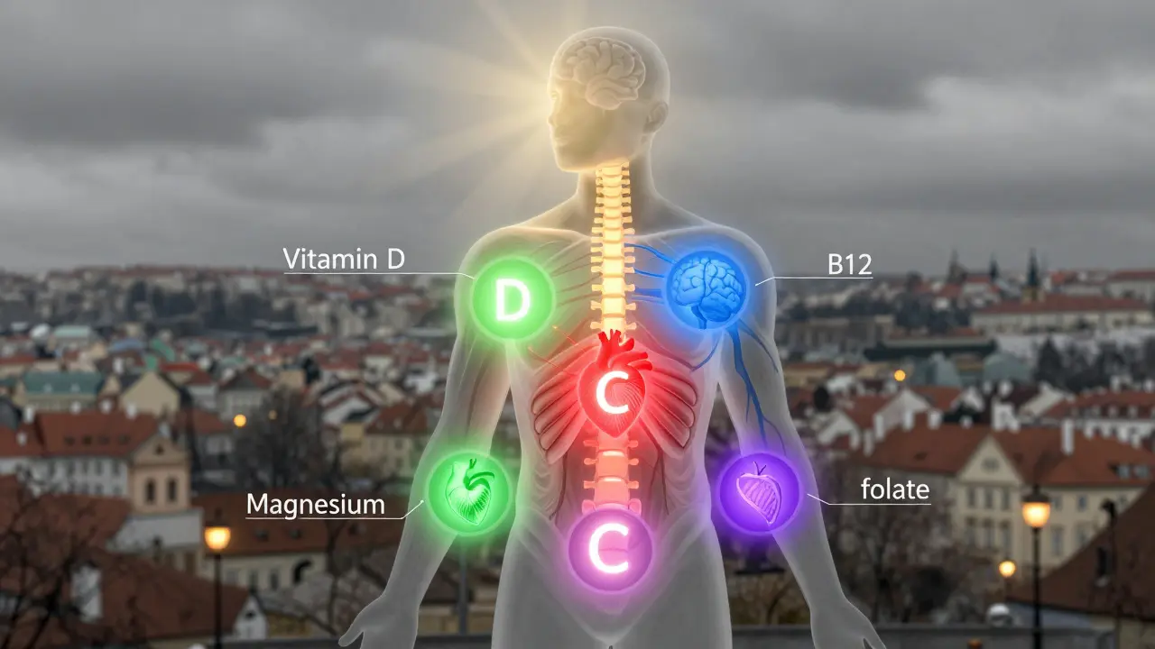 Silueta lidského těla s osvětlenými oblastmi pro vitamíny D, B12, C, magnézium a kyselina listová na pozadí českého zimního města.