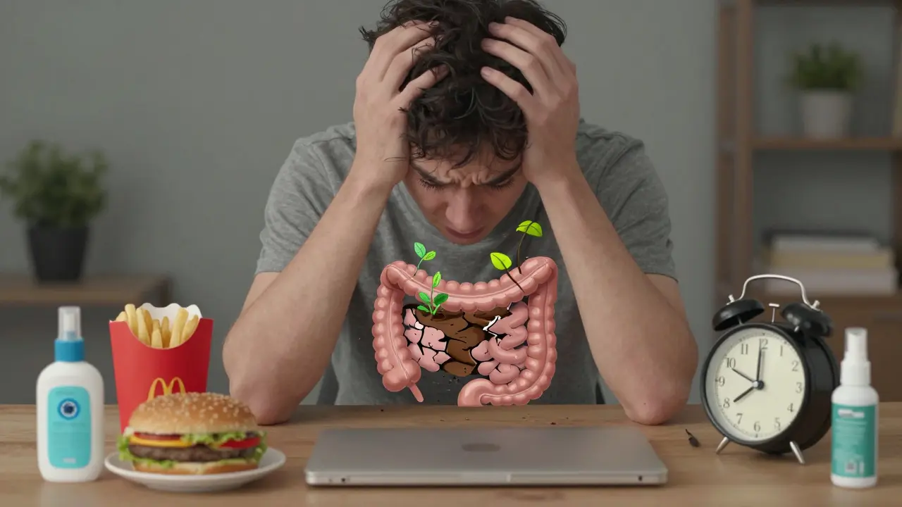 Stresovaná osoba s nezdravým životním stylem a poškozeným trávicím traktem jako pustou zahradou.