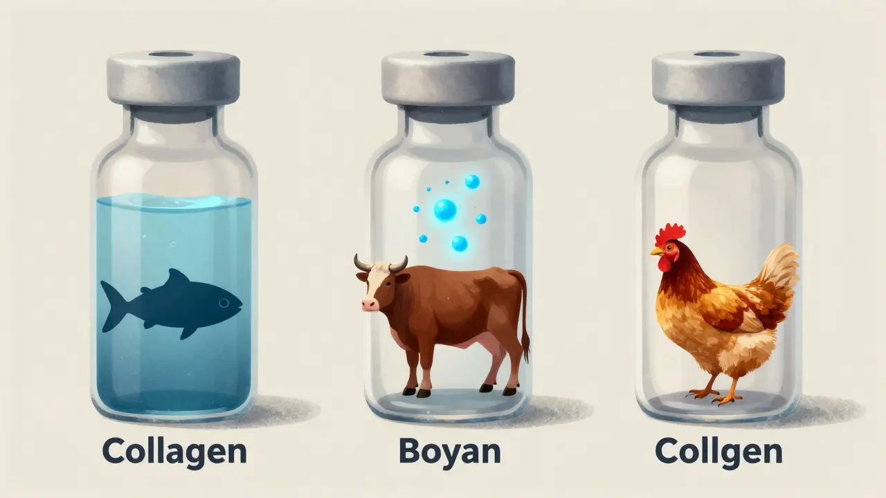 Tři lahvičky s různými typy kolagenu, mořský s nejvyšší biologickou dostupností.